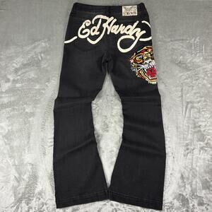 Vintage Y2K Ed Hardy Tiger Embroidery Black Flare Jeans Size 28